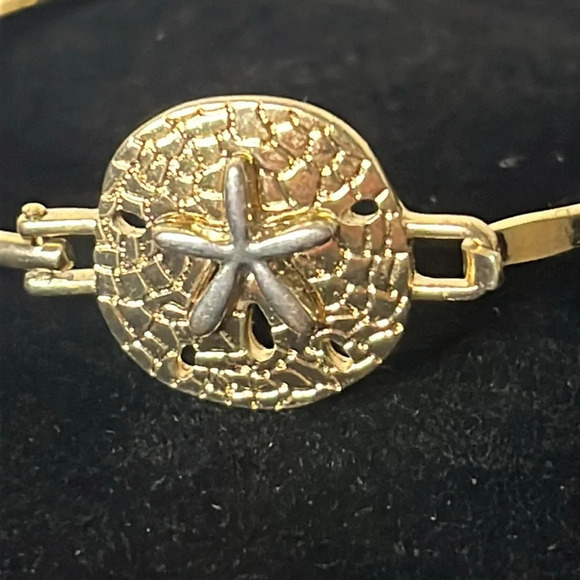 Gold Tone and Silver Hammered Sand Dollar Hook Bangle Bracelet - Picture 5 of 5